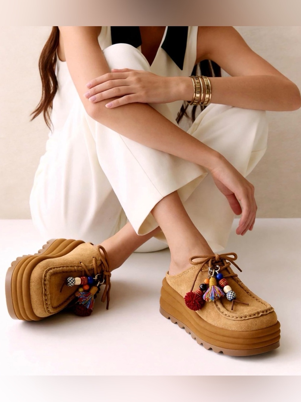 Women’s Tan Platform Mules with Tassel Charms